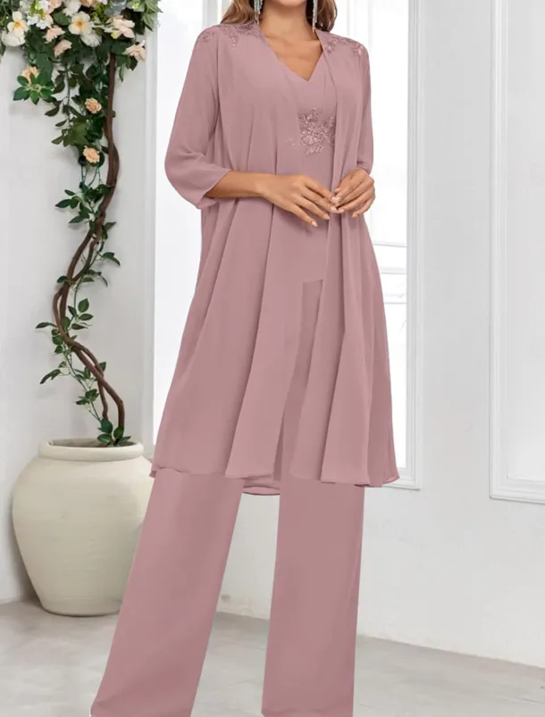 Dress Sets Mother of the Bride Dress Wedding Guest Elegant Simple V Neck Floor Length Polyester Long Sleeve with Solid Color