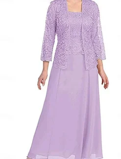 Dress Sets Mother of the Bride Dress Elegant Simple Square Neck Floor Length Polyester Long Sleeve with Solid Color