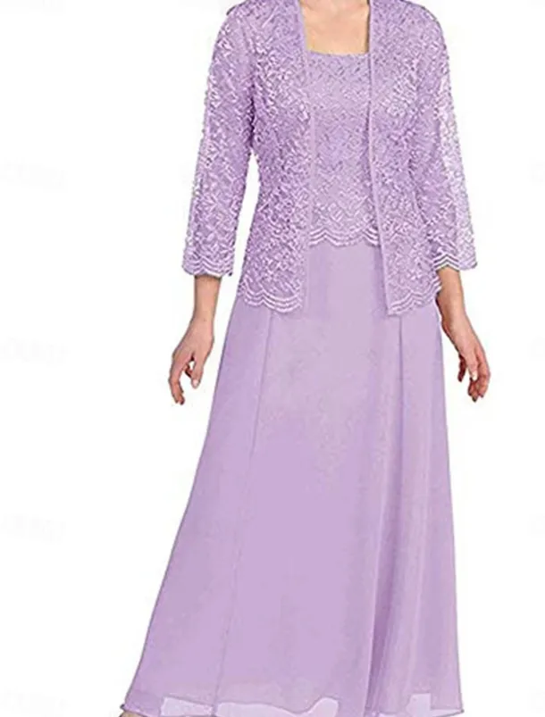Dress Sets Mother of the Bride Dress Elegant Simple Square Neck Floor Length Polyester Long Sleeve with Solid Color