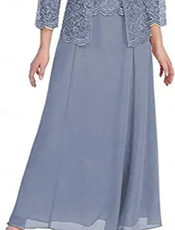 Dress Sets Mother of the Bride Dress Elegant Simple Square Neck Floor Length Polyester Long Sleeve with Solid Color