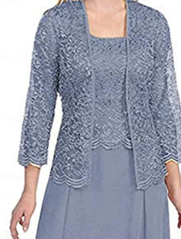 Dress Sets Mother of the Bride Dress Elegant Simple Square Neck Floor Length Polyester Long Sleeve with Solid Color