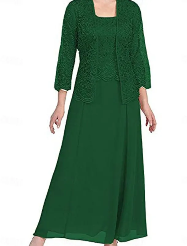 Dress Sets Mother of the Bride Dress Elegant Simple Square Neck Floor Length Polyester Long Sleeve with Solid Color