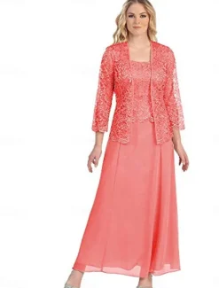 Dress Sets Mother of the Bride Dress Elegant Simple Square Neck Floor Length Polyester Long Sleeve with Solid Color