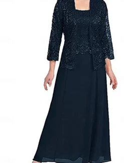 Dress Sets Mother of the Bride Dress Elegant Simple Square Neck Floor Length Polyester Long Sleeve with Solid Color