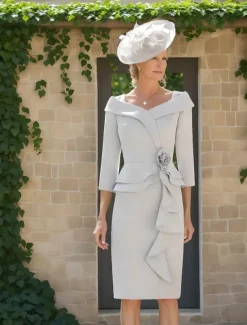 Dress Sets Mother of the Bride Dress Formal Wedding Guest Elegant Vintage Simple V Neck Tea Length Stretch Fabric 3/4 Length Sleeve with Cascading Ruffles Flower Race Day Dress