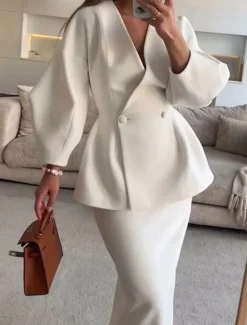 Dress Sets Mother of the Bride Dress Formal Wedding Guest Elegant V Neck Floor Length Polyester Long Sleeve with Buttons