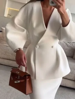 Dress Sets Mother of the Bride Dress Formal Wedding Guest Elegant V Neck Floor Length Polyester Long Sleeve with Buttons