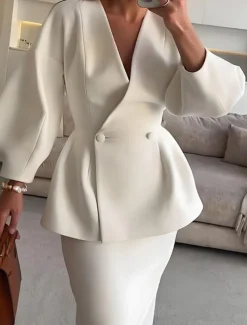 Dress Sets Mother of the Bride Dress Formal Wedding Guest Elegant V Neck Floor Length Polyester Long Sleeve with Buttons