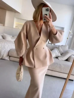 Dress Sets Mother of the Bride Dress Formal Wedding Guest Elegant V Neck Floor Length Polyester Long Sleeve with Buttons