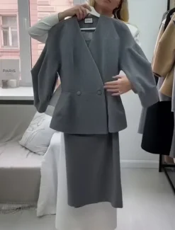 Dress Sets Mother of the Bride Dress Formal Wedding Guest Elegant V Neck Floor Length Polyester Long Sleeve with Buttons