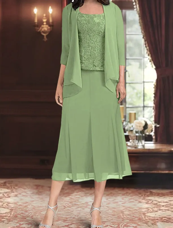 Dress Sets Mother of the Bride Dress Elegant Simple Square Neck Tea Length Polyester 3/4 Length Sleeve with Solid Color
