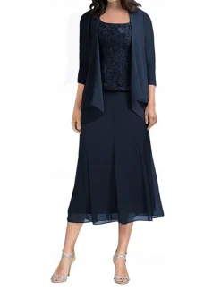 Dress Sets Mother of the Bride Dress Elegant Simple Square Neck Tea Length Polyester 3/4 Length Sleeve with Solid Color