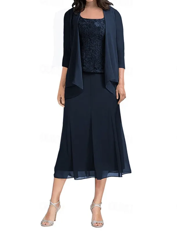 Dress Sets Mother of the Bride Dress Elegant Simple Square Neck Tea Length Polyester 3/4 Length Sleeve with Solid Color
