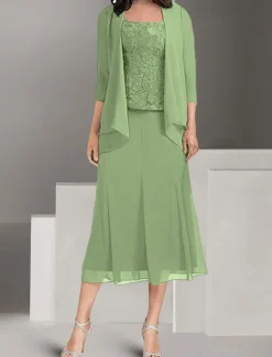 Dress Sets Mother of the Bride Dress Elegant Simple Square Neck Tea Length Polyester 3/4 Length Sleeve with Solid Color