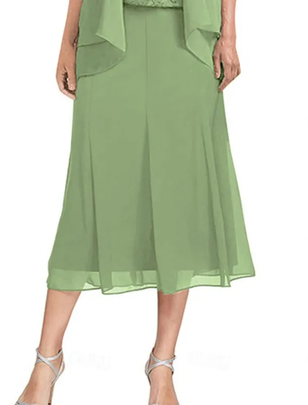 Dress Sets Mother of the Bride Dress Elegant Simple Square Neck Tea Length Polyester 3/4 Length Sleeve with Solid Color