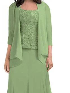 Dress Sets Mother of the Bride Dress Elegant Simple Square Neck Tea Length Polyester 3/4 Length Sleeve with Solid Color