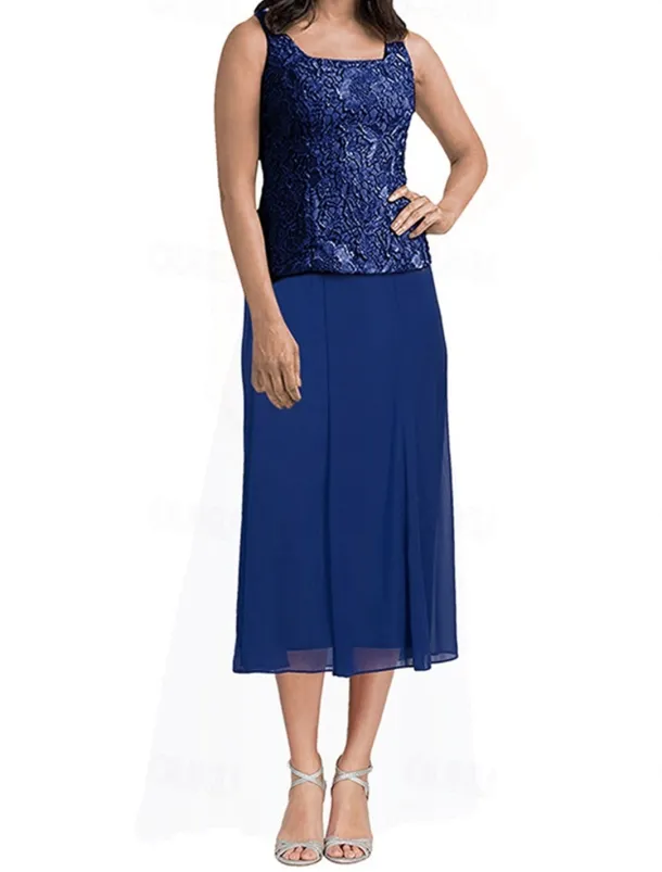 Dress Sets Mother of the Bride Dress Elegant Simple Square Neck Tea Length Polyester 3/4 Length Sleeve with Solid Color