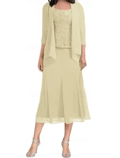 Dress Sets Mother of the Bride Dress Elegant Simple Square Neck Tea Length Polyester 3/4 Length Sleeve with Solid Color