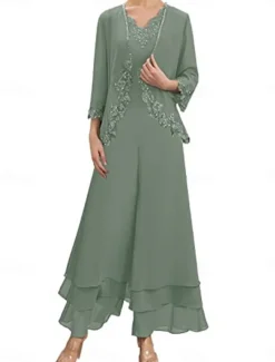 Dress Sets Mother of the Bride Dress Wedding Guest Elegant Simple V Neck Floor Length Polyester Long Sleeve with Embroidery