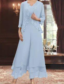 Dress Sets Mother of the Bride Dress Wedding Guest Elegant Simple V Neck Floor Length Polyester Long Sleeve with Embroidery