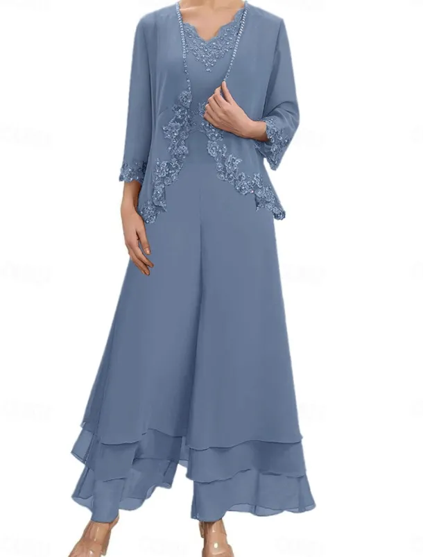 Dress Sets Mother of the Bride Dress Wedding Guest Elegant Simple V Neck Floor Length Polyester Long Sleeve with Embroidery