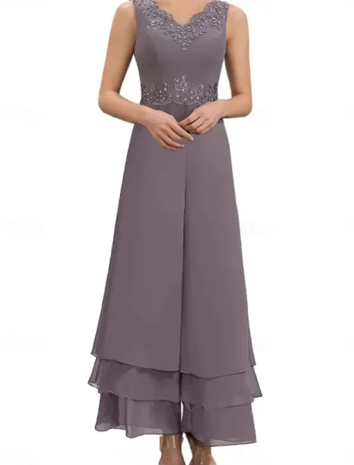 Dress Sets Mother of the Bride Dress Wedding Guest Elegant Simple V Neck Floor Length Polyester Long Sleeve with Embroidery