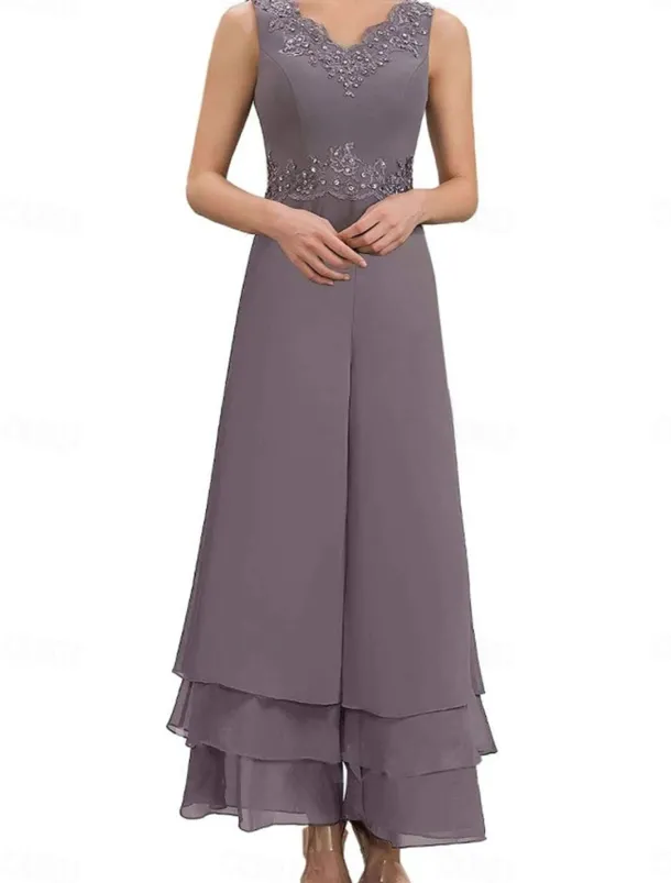 Dress Sets Mother of the Bride Dress Wedding Guest Elegant Simple V Neck Floor Length Polyester Long Sleeve with Embroidery