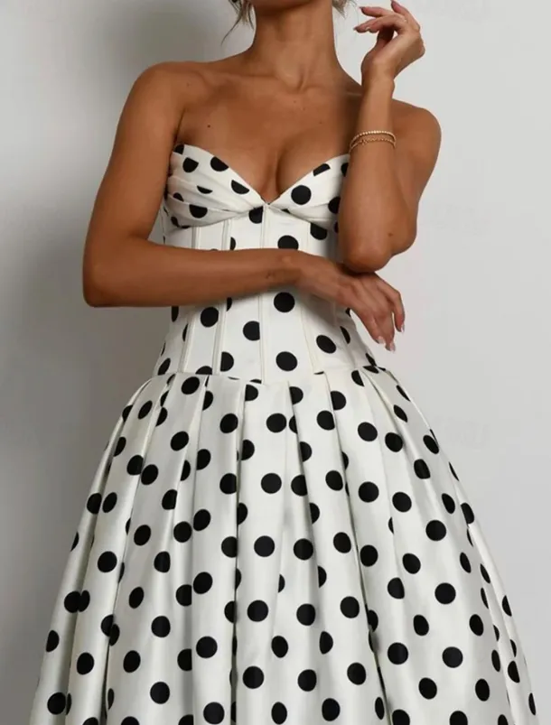 Drop Waist Corset Dress A-Line Cocktail Dresses Polka Dots Dress Formal Wedding Semi Formal Dress Tea Length Midi Length Sleeveless Sweetheart Satin with Pleats Wedding Guest Dress