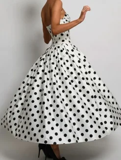 Drop Waist Corset Dress A-Line Cocktail Dresses Polka Dots Dress Formal Wedding Semi Formal Dress Tea Length Midi Length Sleeveless Sweetheart Satin with Pleats Wedding Guest Dress