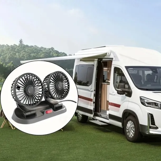 Dual Head USB Car Fan - High/Low Speeds Adjustable 5V/12V/24V Power - Effortless Car Cooling Solution for Portable Comfort