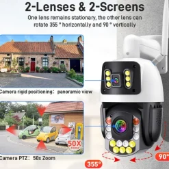 Dual Lens Outdoor WiFi Security Camera - Wireless IP Camera AI Body Tracking Colour Night Vision Two-Way Audio Waterproof Pan/Tilt Rotation