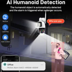 Dual Lens Outdoor WiFi Security Camera - Wireless IP Camera AI Body Tracking Colour Night Vision Two-Way Audio Waterproof Pan/Tilt Rotation