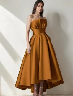 DustyA-Line Cocktail Dresses High-low Dress Formal Wedding Tea Length Midi Length Sleeveless Satin with Pleats Ruffles