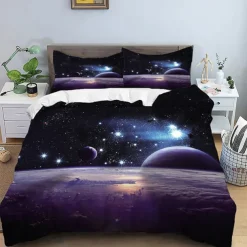 Duvet Cover Set with Zipper Reversible Universe Moon Printed Design Soft Microfiber Bedding Set Includes Duvet Cover and Pillowcases Perfect for Adding a Cosmic Touch to Your Bedroom Decor