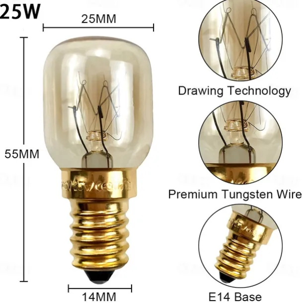 E14 Base Oven Light Bulb, 15W/25W Dimmable Incandescent Bulb for Oven, Microwave, Wax Warmer & Salt Lamp 2pcs