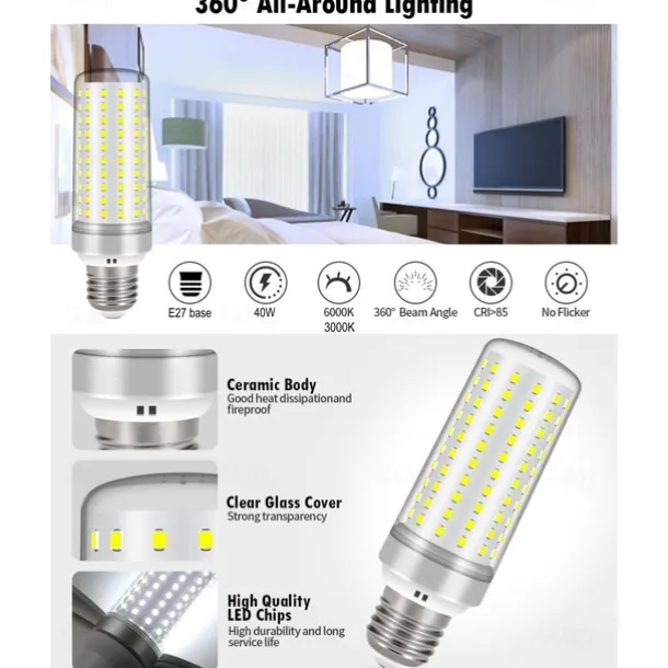 E27 LED Corn Light Bulbs - 40W Non-Dimmable 175V-265V for Home Lighting, Wall, Floor Lamps & Chandeliers 3PCS