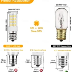 E17 LED Light Bulbs 5W Non-Dimmable Refrigerator Lights, Warm White/White 2pcs 110V-130V