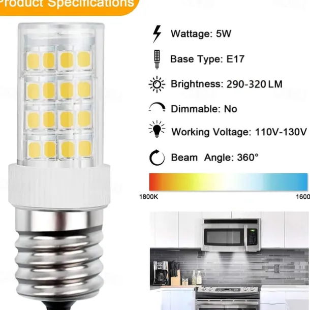 E17 LED Light Bulbs 5W Non-Dimmable Refrigerator Lights, Warm White/White 2pcs 110V-130V