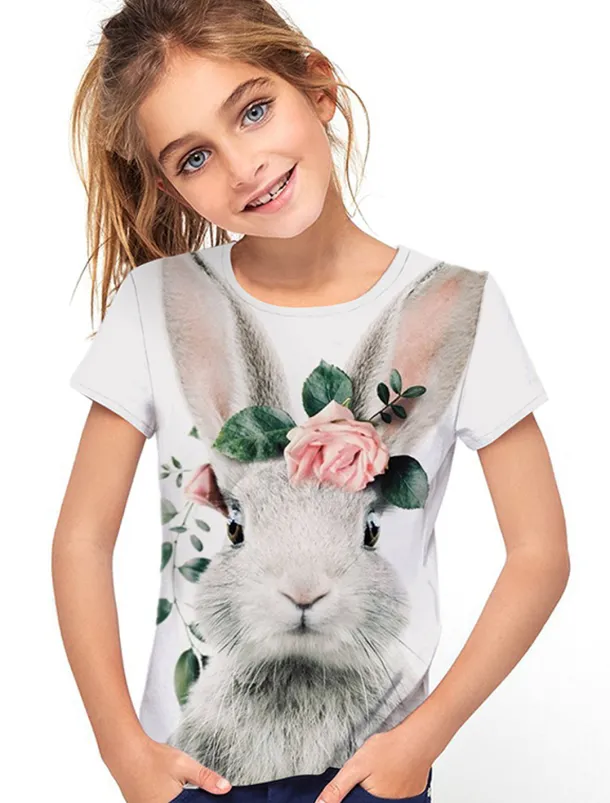 Easter Girls' 3D Floral Animal Rabbit T shirt Short Sleeve 3D Print Summer Spring Active Fashion Cute Kids 3-12 Years Outdoor Daily Indoor Regular Fit