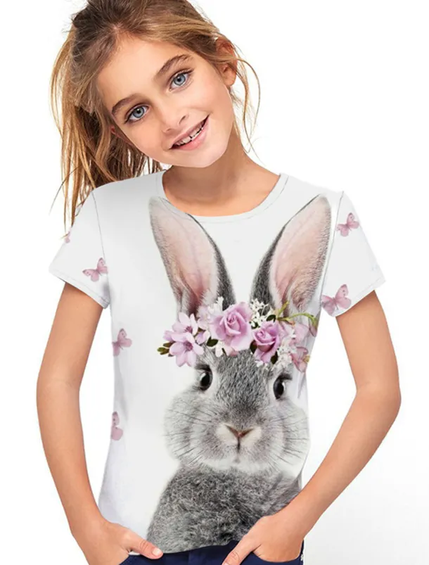 Easter Girls' 3D Floral Animal Rabbit T shirt Short Sleeve 3D Print Summer Spring Active Fashion Cute Kids 3-12 Years Outdoor Daily Indoor Regular Fit