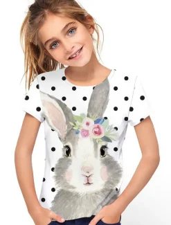 Easter Girls' 3D Floral Animal Rabbit T shirt Short Sleeve 3D Print Summer Spring Active Fashion Cute Kids 3-12 Years Outdoor Daily Indoor Regular Fit