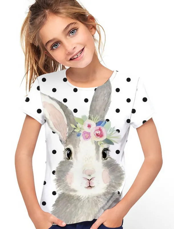 Easter Girls' 3D Floral Animal Rabbit T shirt Short Sleeve 3D Print Summer Spring Active Fashion Cute Kids 3-12 Years Outdoor Daily Indoor Regular Fit