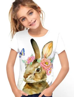 Easter Girls' 3D Floral Animal Rabbit T shirt Short Sleeve 3D Print Summer Spring Active Fashion Cute Kids 3-12 Years Outdoor Daily Indoor Regular Fit