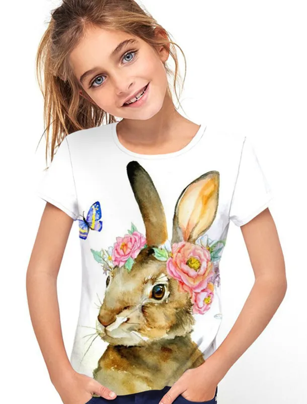 Easter Girls' 3D Floral Animal Rabbit T shirt Short Sleeve 3D Print Summer Spring Active Fashion Cute Kids 3-12 Years Outdoor Daily Indoor Regular Fit