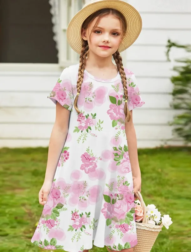 Easter Girls' 3D Floral Animal Butterfly Dress Short Sleeve 3D Print Summer Spring Vacation Daily Holiday Cute Casual Sweet Kids 3-12 Years A Line Dress Above Knee Regular Fit