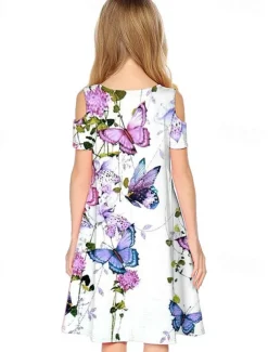 Easter Girls' 3D Floral Animal Butterfly Dress Short Sleeve 3D Print Summer Spring Vacation Daily Holiday Cute Casual Sweet Kids 3-12 Years A Line Dress Above Knee Regular Fit