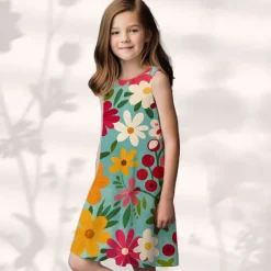 Easter Girls' 3D Floral Graphic Dress Sleeveless Summer Spring Vacation Daily Holiday Princess Beautiful Sweet Kids 4-12 Years Casual Dress A Line Dress Knee-length Regular Fit