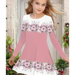 Easter Girls' 3D Floral Graphic Dress Long Sleeve Summer Spring Vacation Daily Holiday Princess Beautiful Sweet Kids 4-12 Years Casual Dress A Line Dress Knee-length Regular Fit