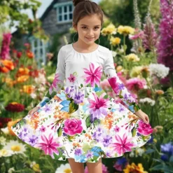 Easter Girls' 3D Floral Graphic Dress Long Sleeve Summer Spring Vacation Daily Holiday Princess Beautiful Sweet Kids 4-12 Years Casual Dress A Line Dress Knee-length Regular Fit