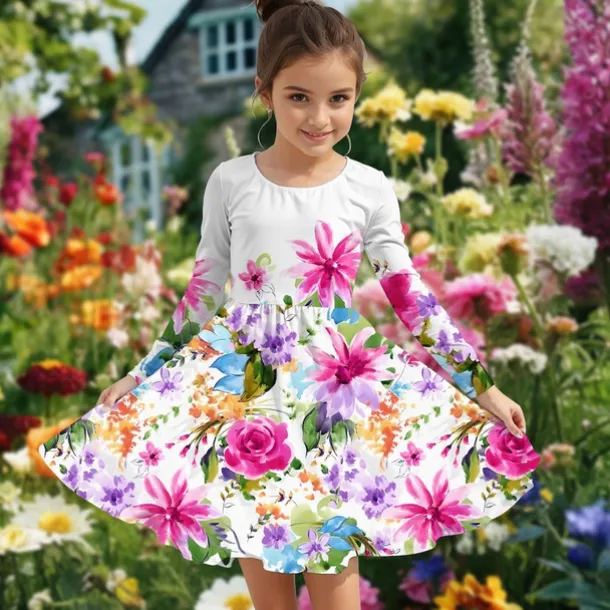 Easter Girls' 3D Floral Graphic Dress Long Sleeve Summer Spring Vacation Daily Holiday Princess Beautiful Sweet Kids 4-12 Years Casual Dress A Line Dress Knee-length Regular Fit